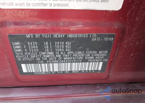 2010 Subaru Legacy 2.5I Premium from USA, damaged, VIN 4S3BMCG66A3229114